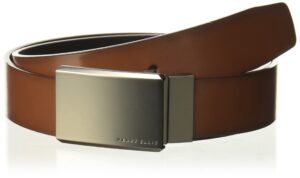 perry ellis men's portfolio 100% leather reversible belt with matte gunmetal plaque buckle (sizes 30-44 inches), brn30, 32