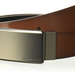 Perry Ellis Men's Portfolio 100% Leather Reversible Belt With Matte Gunmetal Plaque Buckle (Sizes 30-44 Inches), Brn30, 32