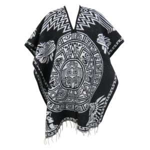 Ethnic Identity Mexican Poncho Aztec Calendar for Men and Women | Reversible Cobija Blanket for Fiesta, Outdoor Activities, Hiking,Hunting, and Camping (Black)