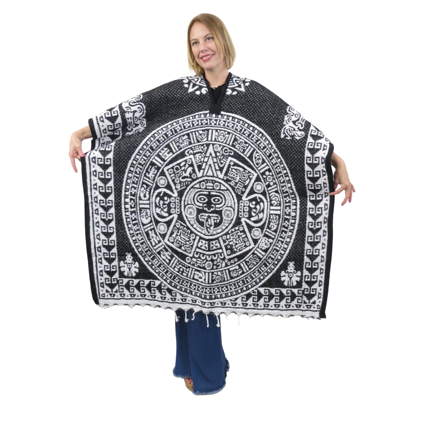 Ethnic Identity Mexican Poncho Aztec Calendar for Men and Women | Reversible Cobija Blanket for Fiesta, Outdoor Activities, Hiking,Hunting, and Camping (Black)