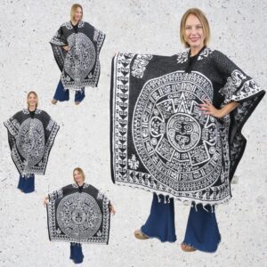 Ethnic Identity Mexican Poncho Aztec Calendar for Men and Women | Reversible Cobija Blanket for Fiesta, Outdoor Activities, Hiking,Hunting, and Camping (Black)