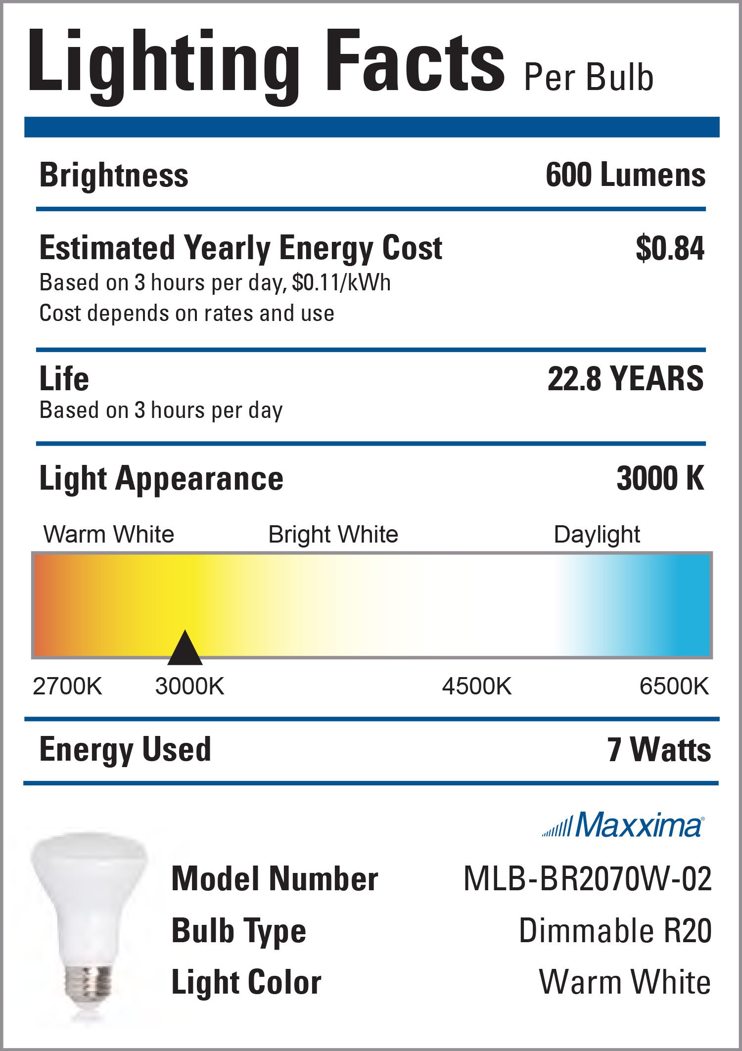 Maxxima LED BR20 Bulbs - 50 Watt Equivalent Dimmable 7 Watt LED Warm White R20 600 Lumens, 3000K Light Bulb with E26 Base, Ideal for Track or Recessed Lighting - 4 Pack