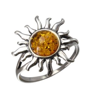 HolidayGiftShops GIA Certified Sterling Silver and Baltic Honey Amber Sun Adult Ring- size 8