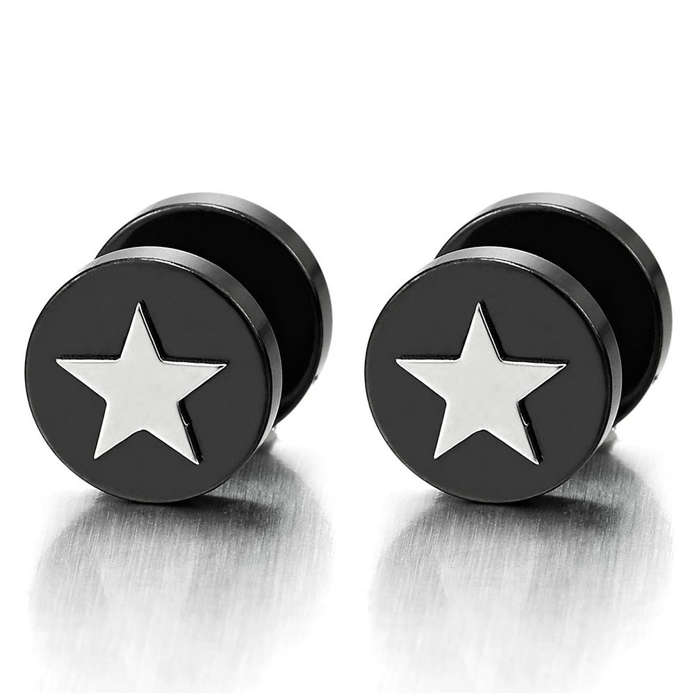 Black Steel Mens Women Pentagram Star Stud Earrings, Cheater Fake Ear Plugs Gauges, 2 pcs