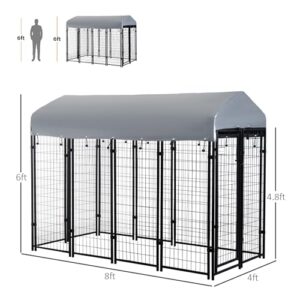 PawHut 8' x 4' x 6' Dog Playpen Outdoor, Dog Kennel Dog Exercise Pen with Lockable Door, Water-Resistant Canopy, for Medium and Large Dogs