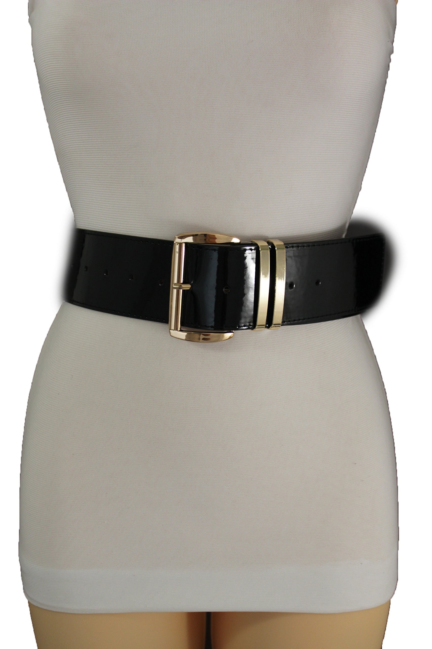 TFJ Women Fashion Wide Belt Faux Leather Metal Buckle Plus Size L XL (Black - patent faux leather)