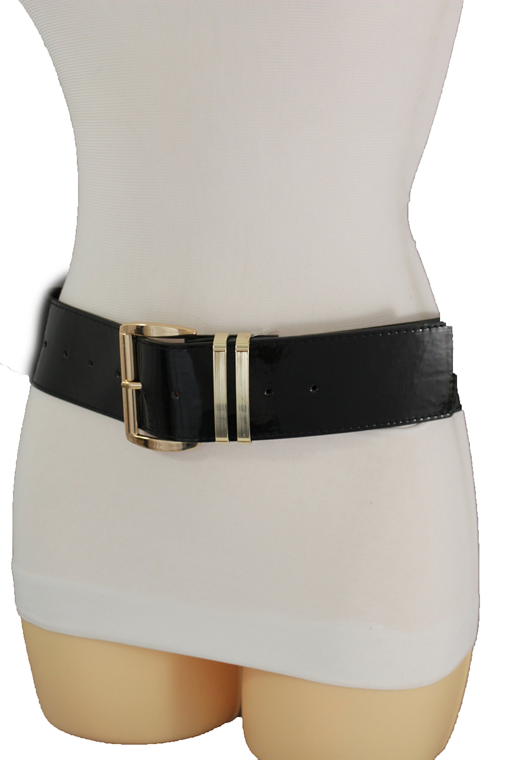 TFJ Women Fashion Wide Belt Faux Leather Metal Buckle Plus Size L XL (Black - patent faux leather)