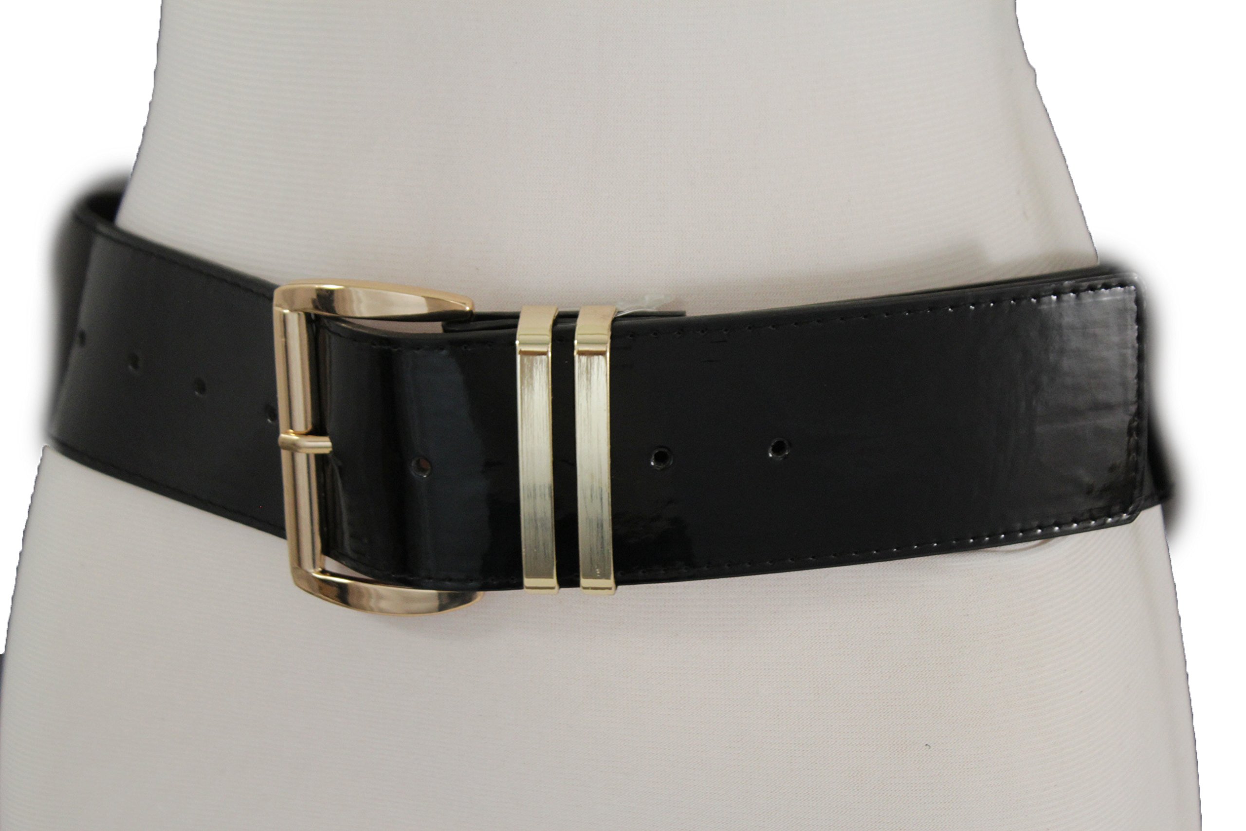 TFJ Women Fashion Wide Belt Faux Leather Metal Buckle Plus Size L XL (Black - patent faux leather)