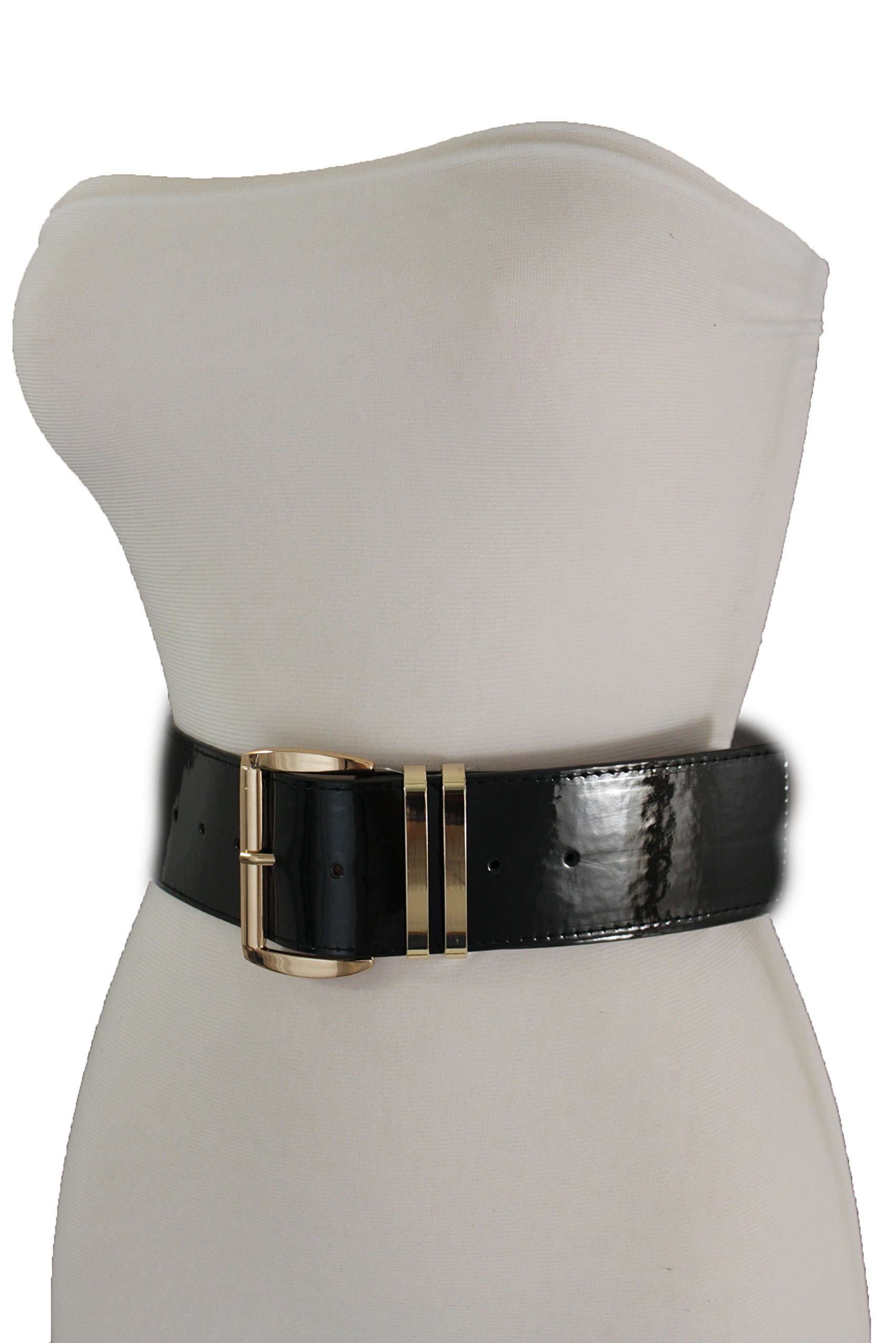 TFJ Women Fashion Wide Belt Faux Leather Metal Buckle Plus Size L XL (Black - patent faux leather)