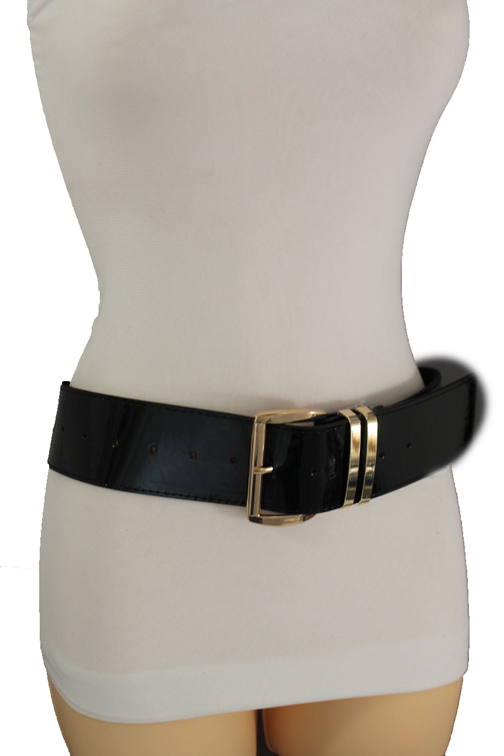 TFJ Women Fashion Wide Belt Faux Leather Metal Buckle Plus Size L XL (Black - patent faux leather)