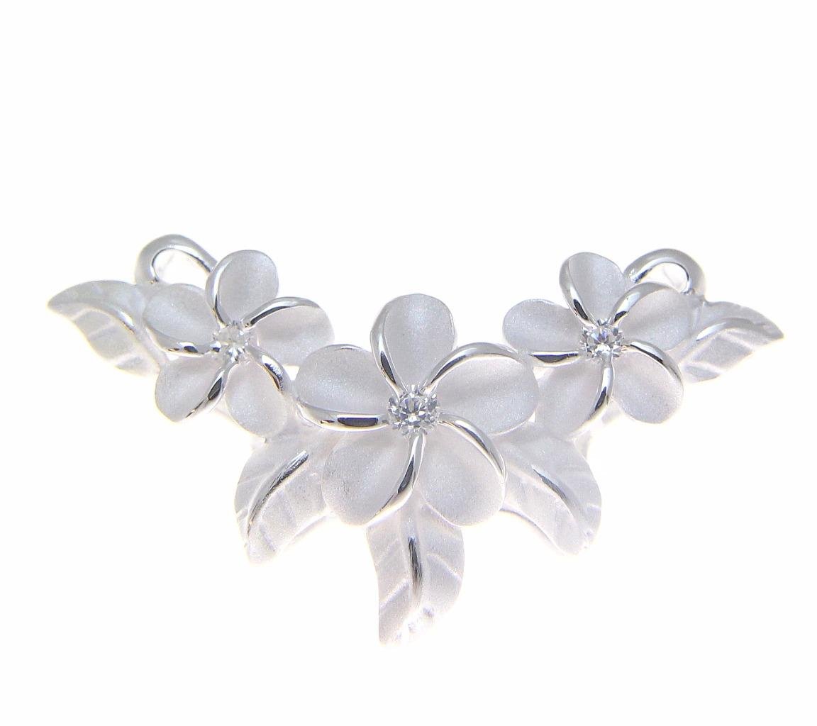 Arthur's Jewelry 925 Sterling silver Hawaiian 3 plumeria flower maile leaf slide pendant cz