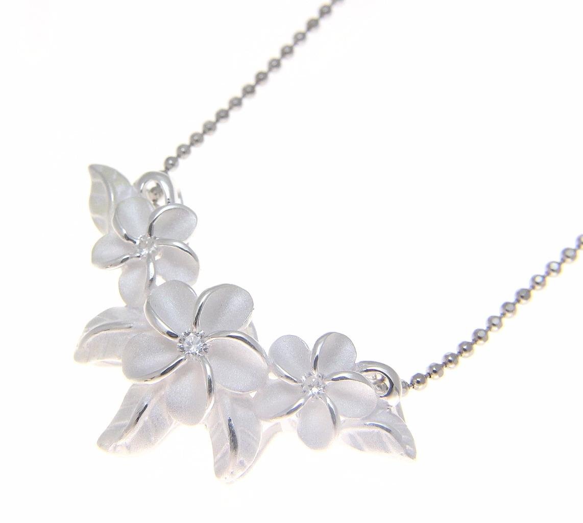 Arthur's Jewelry 925 Sterling silver Hawaiian 3 plumeria flower maile leaf slide pendant cz