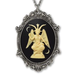 Real Metal Sitting Satanic Baphomet Cameo In Silver Finish Frame Necklace Pendant Ivory on Black