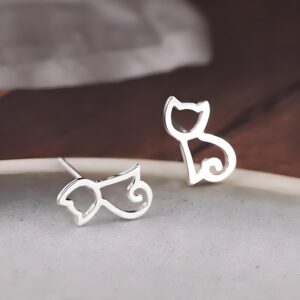 ERZA SCARLET S925 Sterling Silver Cat Stud Earrings for Women - Hypoallergenic Hollow Out Cat Stud Earrings for Women