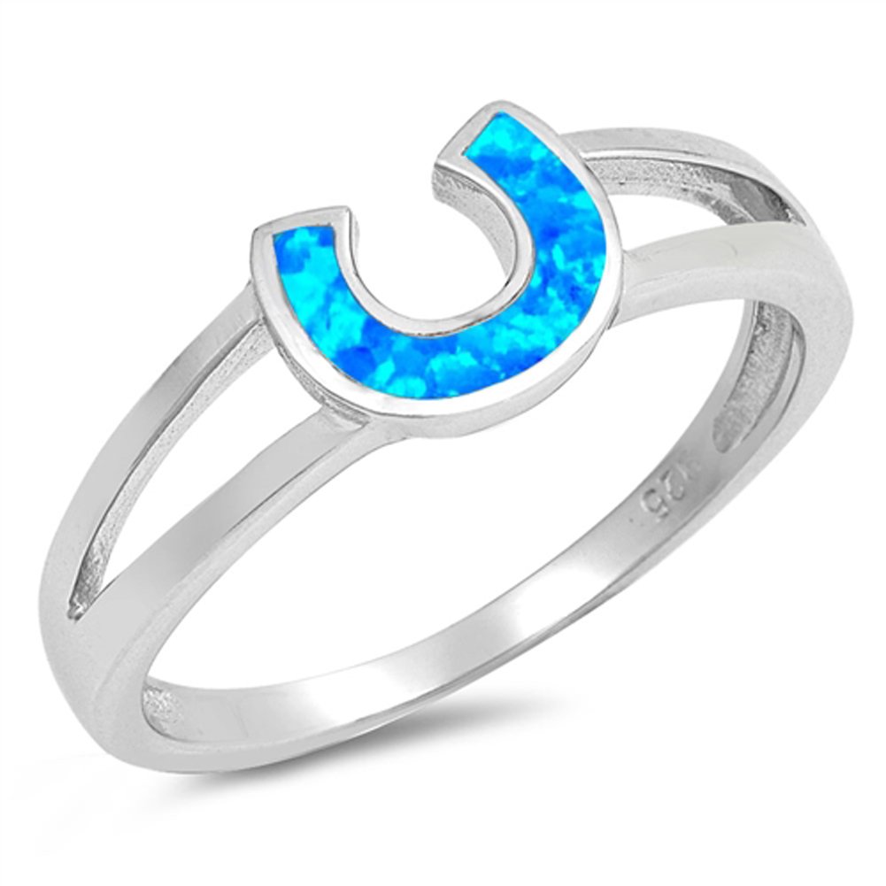 Blue Simulated Opal Horseshoe Lucky Charm Ring .925 Sterling Silver Band Size 8