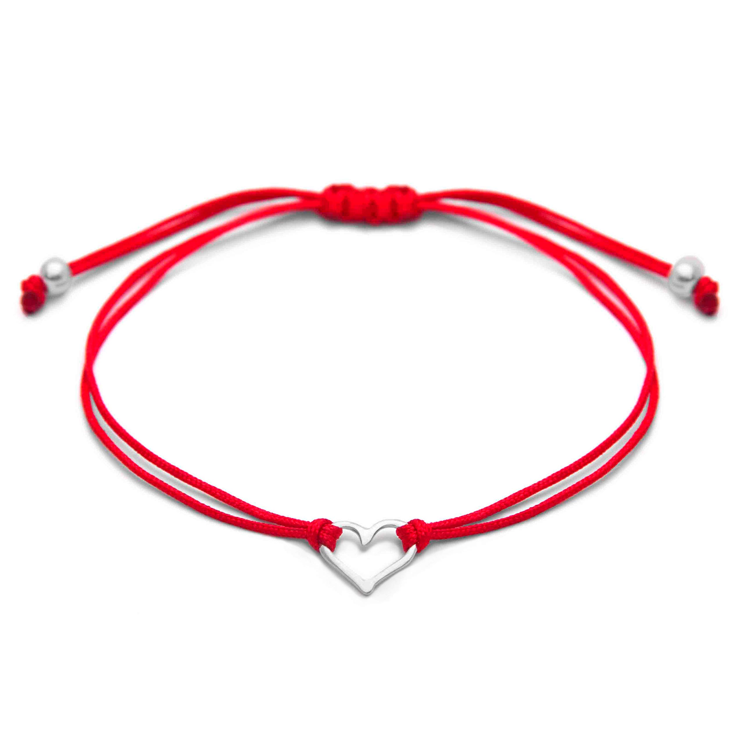 Claudia Lira Joyas Red Womens Friendship Bracelet, Small Handmade Sterling Silver 925 Open Heart Shaped Charm, Pull Adjustable Kindred Cord Thread. Handmade Heart Gift Set