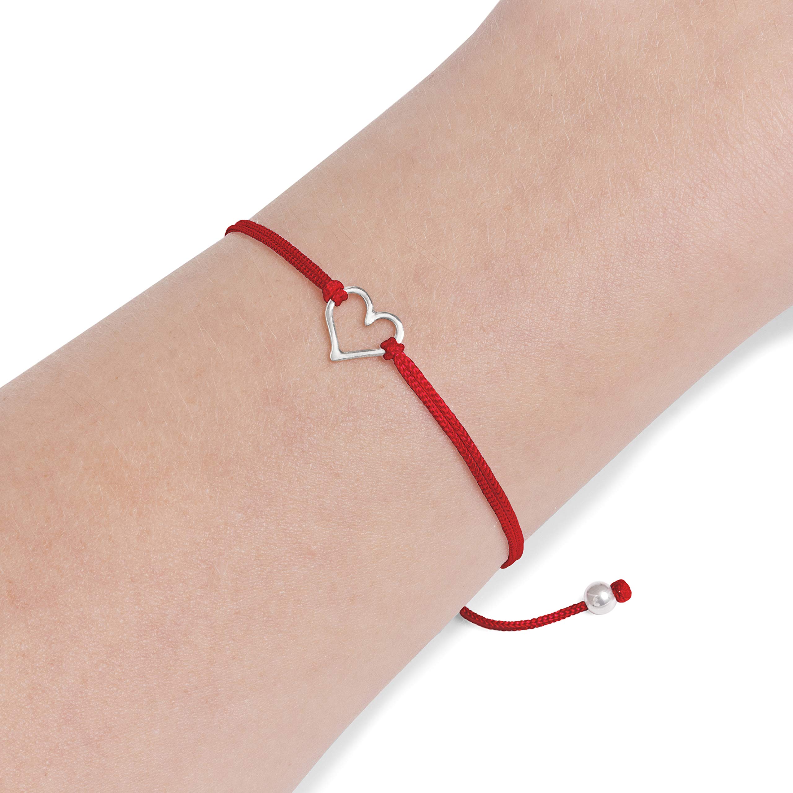 Claudia Lira Joyas Red Womens Friendship Bracelet, Small Handmade Sterling Silver 925 Open Heart Shaped Charm, Pull Adjustable Kindred Cord Thread. Handmade Heart Gift Set