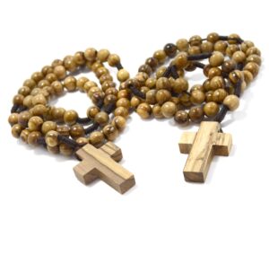 mizze made for luck two (2) authentic wooden catholic rosaries, rosary beads (rosarios catolicos) necklace from bethlehem olive wood christian prayer beads - in natural cotton rosary pouch