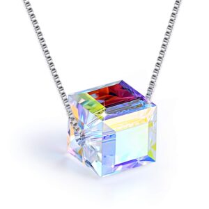 PLATO H Girls S925 Sterling Silver Necklace Crystals Cube Pendant for Women Unique Jewelry with Exquisited Gift Box Valentines Mothers Day for Her