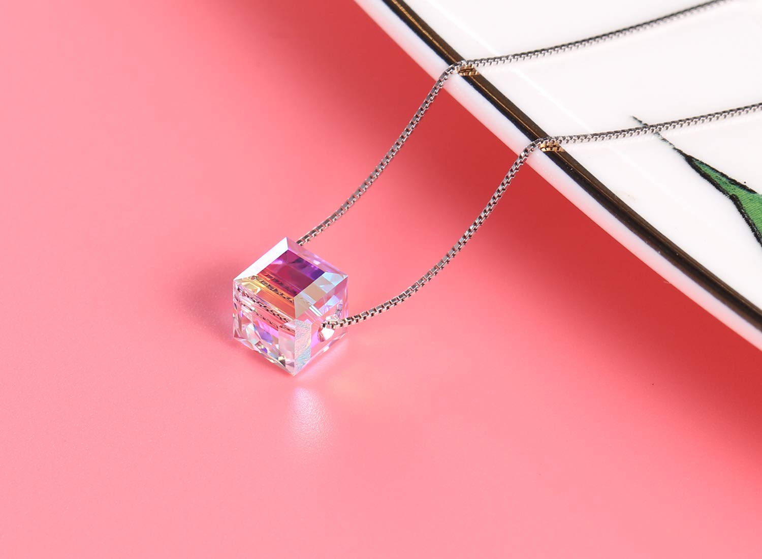 PLATO H Girls S925 Sterling Silver Necklace Crystals Cube Pendant for Women Unique Jewelry with Exquisited Gift Box Valentines Mothers Day for Her