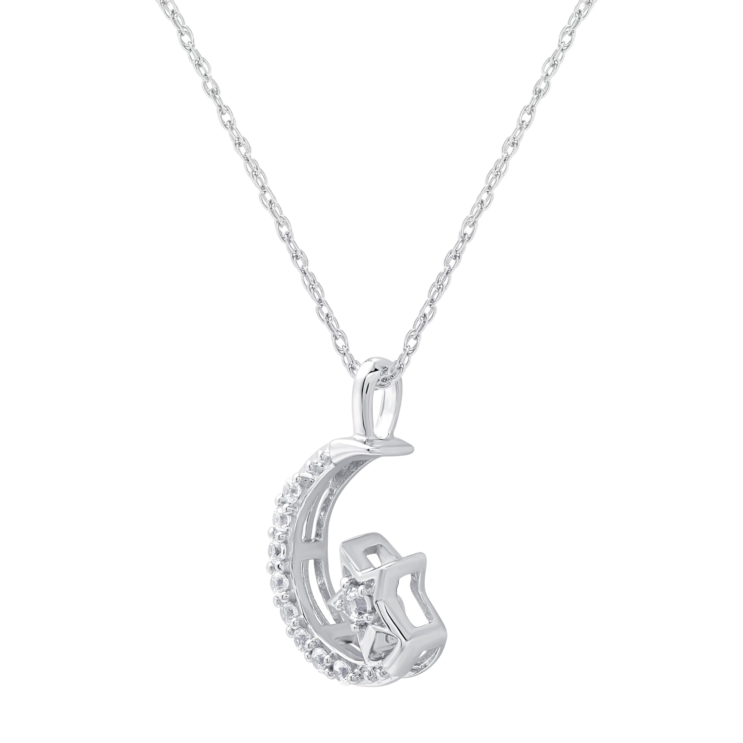 GILDED 10K White Gold 1/10 cttw Natural Round-Cut Diamond (I-J Color, I2-I3 Clarity) Moon and Star Pendant 18"