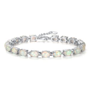 CiNily Oval Shape Tennis White Opal Bracelet for Women Ladies Adjustable Opal Jewelry Rhodium Plated Teen Girls Gemstone Bracelet 8.5"