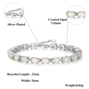 CiNily Oval Shape Tennis White Opal Bracelet for Women Ladies Adjustable Opal Jewelry Rhodium Plated Teen Girls Gemstone Bracelet 8.5"