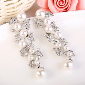 EVER FAITH Women's Austrian Crystal White Simulated Pearl Bridal Leaf Dangle Earrings Clear Silver-Tone