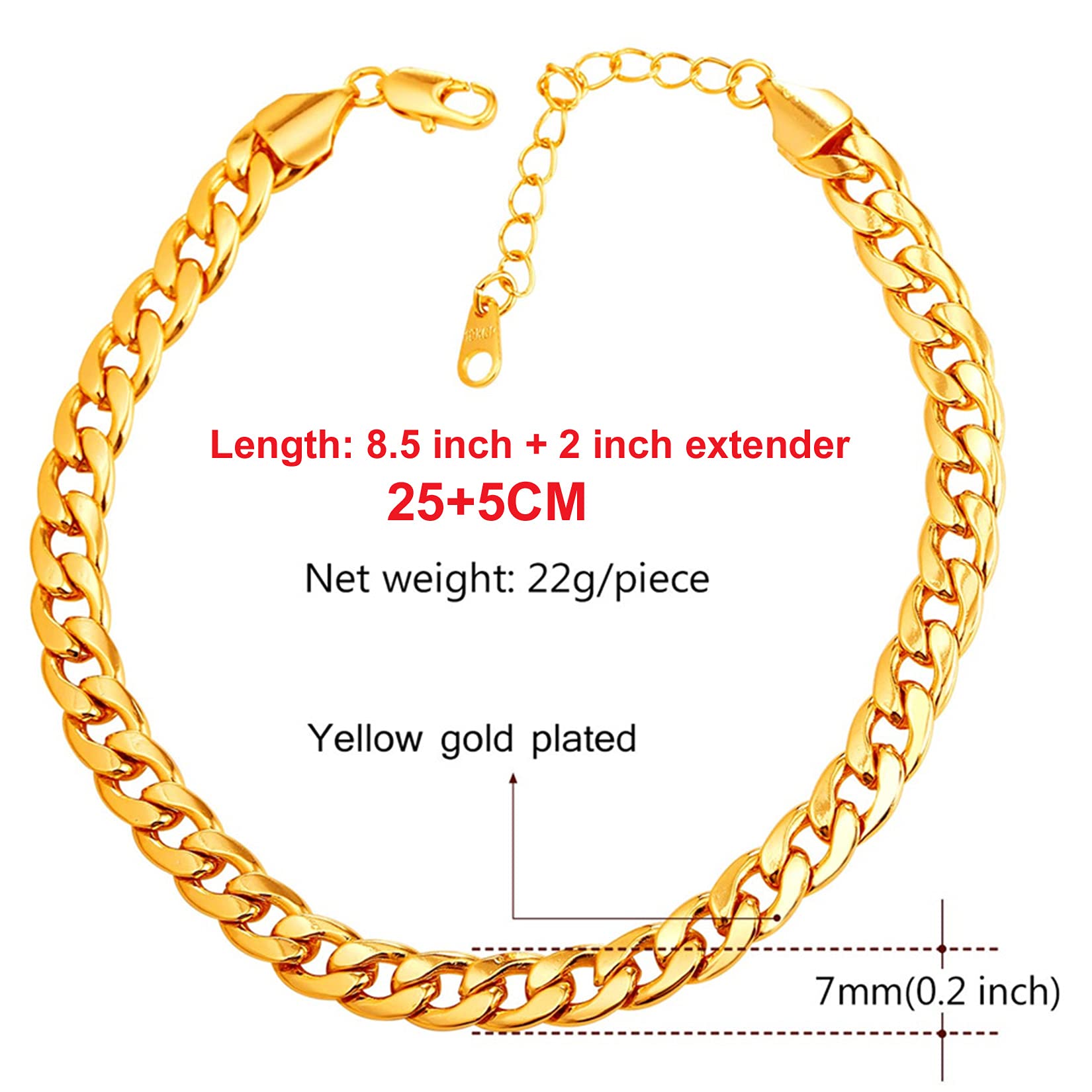 U7 Barefoot Jewelry 18K Gold Plated Cuban Chain Anklet Women/Men Foot Bracelet, 22-27 CM Long