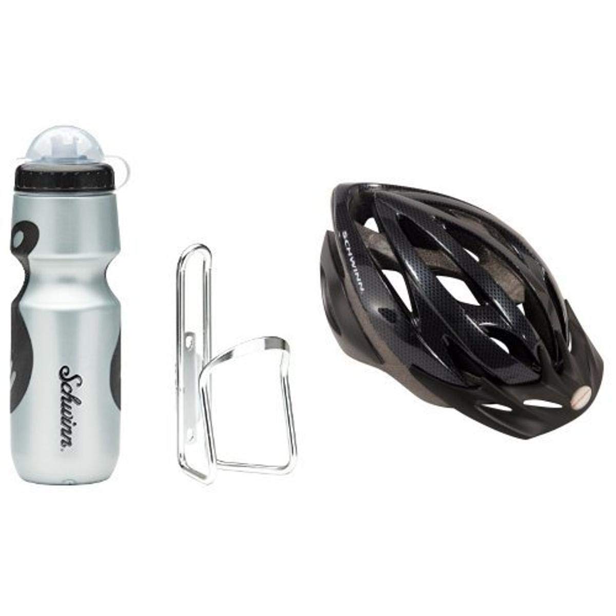 Schwinn Bicycle Water Bottle & Cage (Colors May Vary) and Schwinn Thrasher Adult Micro Bicycle black/grey Helmet (Adult) Bundle