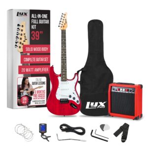 lyxpro 39 inch electric guitar kit bundle with 20w amplifier, all accessories, digital clip on tuner, six strings, two picks, tremolo bar, shoulder strap, case bag starter kit full size - red