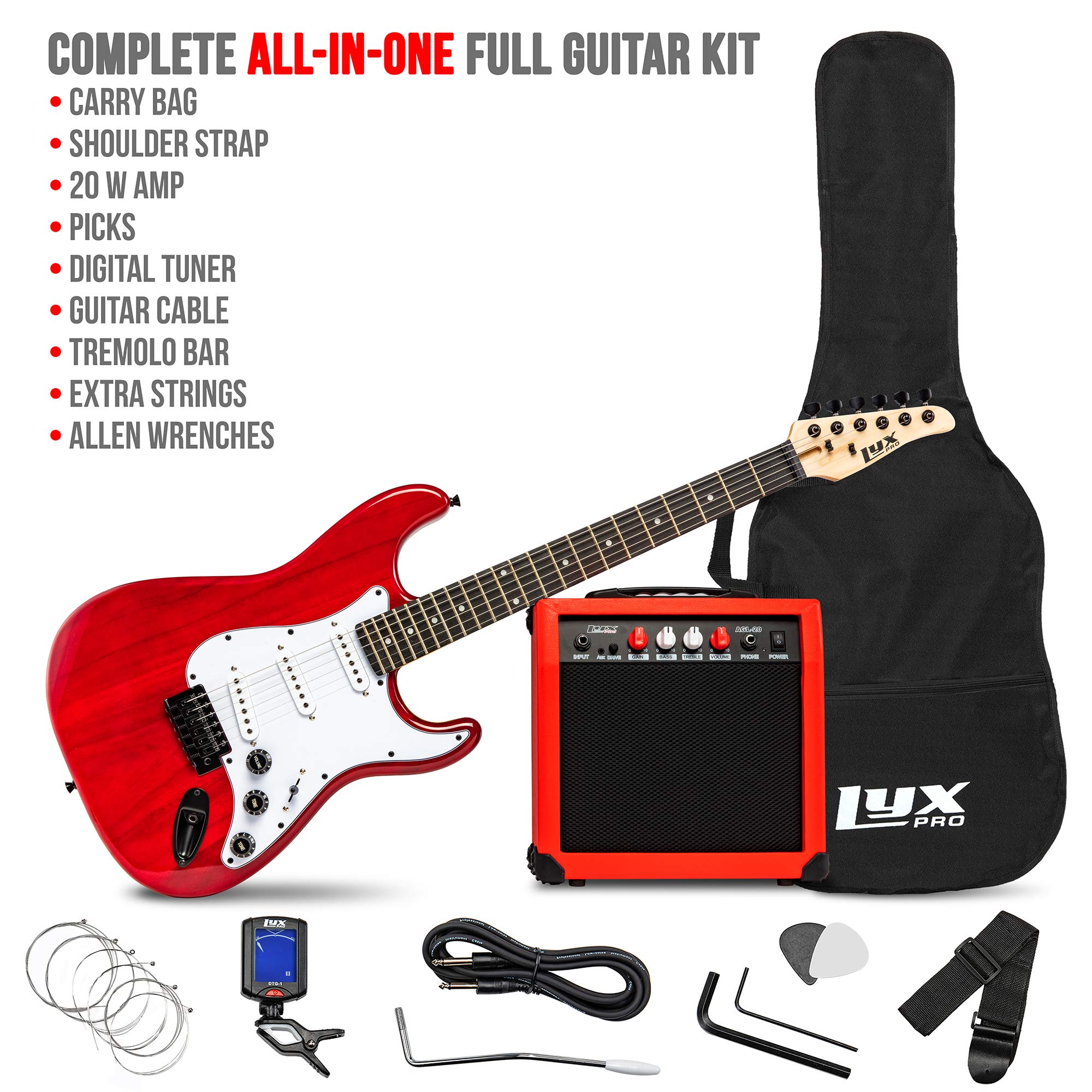 LyxPro 39 inch Electric Guitar Kit Bundle with 20w Amplifier, All Accessories, Digital Clip On Tuner, Six Strings, Two Picks, Tremolo Bar, Shoulder Strap, Case Bag Starter kit Full Size - Red