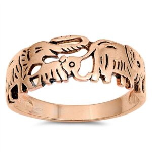 Rose Gold-Tone Elephant Family Filigree Ring 925 Sterling Silver Band Size 10