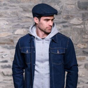 Mucros Weavers Irish Trinity Flat Cap, Irish Hat for Men, Newsboy Hat (Large, Col 34 Blue Herringbone)