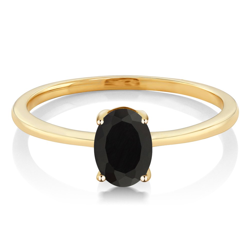 Gem Stone King 10K Yellow Gold Black Onyx Solitaire Engagement Ring For Women (0.80 Cttw, Oval 7X5MM, Gemstone December Birthstone, Size 9)