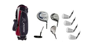 agxgolf men's magnum executive edition golf club set w/stand bag; right hand: x tall (+2") length; graphite woods; 4, 6, & 8 irons + pitching wedge + free putter; usa bilt