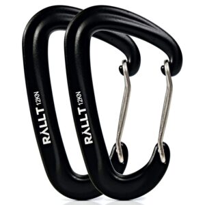 rallt wire gate carabiners - 12kn (2697lb) snag-free heavy duty carabiner clip for hiking, hammock & backpacking - made with lightweight, no rust aluminum material- camping accessories (black, 2 pack)