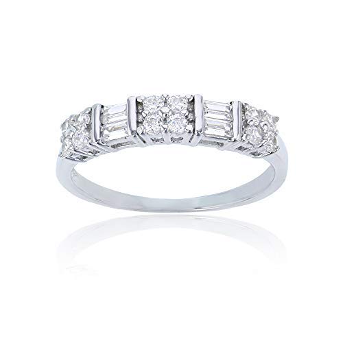 Sterling Silver Alternating Baguette & Round Cut Cubic Zirconia Anniversary Band Ring | Simulated Diamond Flawless VVS Cubic Zirconia | Sizes 6-9 | Wedding Anniversary Band for Women | Size 7