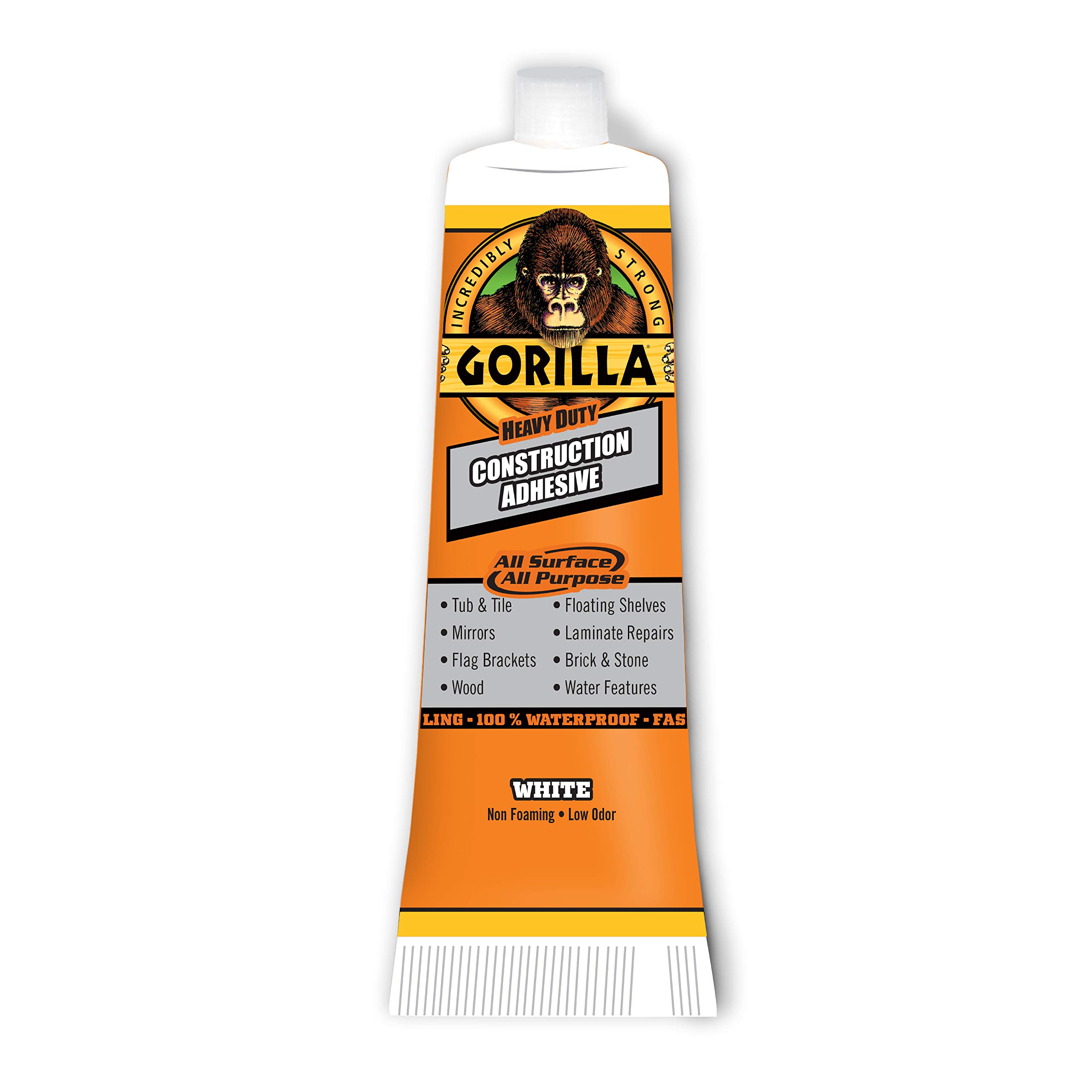 Gorilla Heavy Duty Construction Adhesive, 2.5 Ounce Squeeze Tube, White, (Pack of 2)