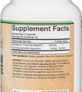 Magnesium L Threonate Capsules (Magtein) – High Absorption Supplement – Bioavailable Form for Sleep and Cognitive Function Support – 2,000 mg – 100 Capsules