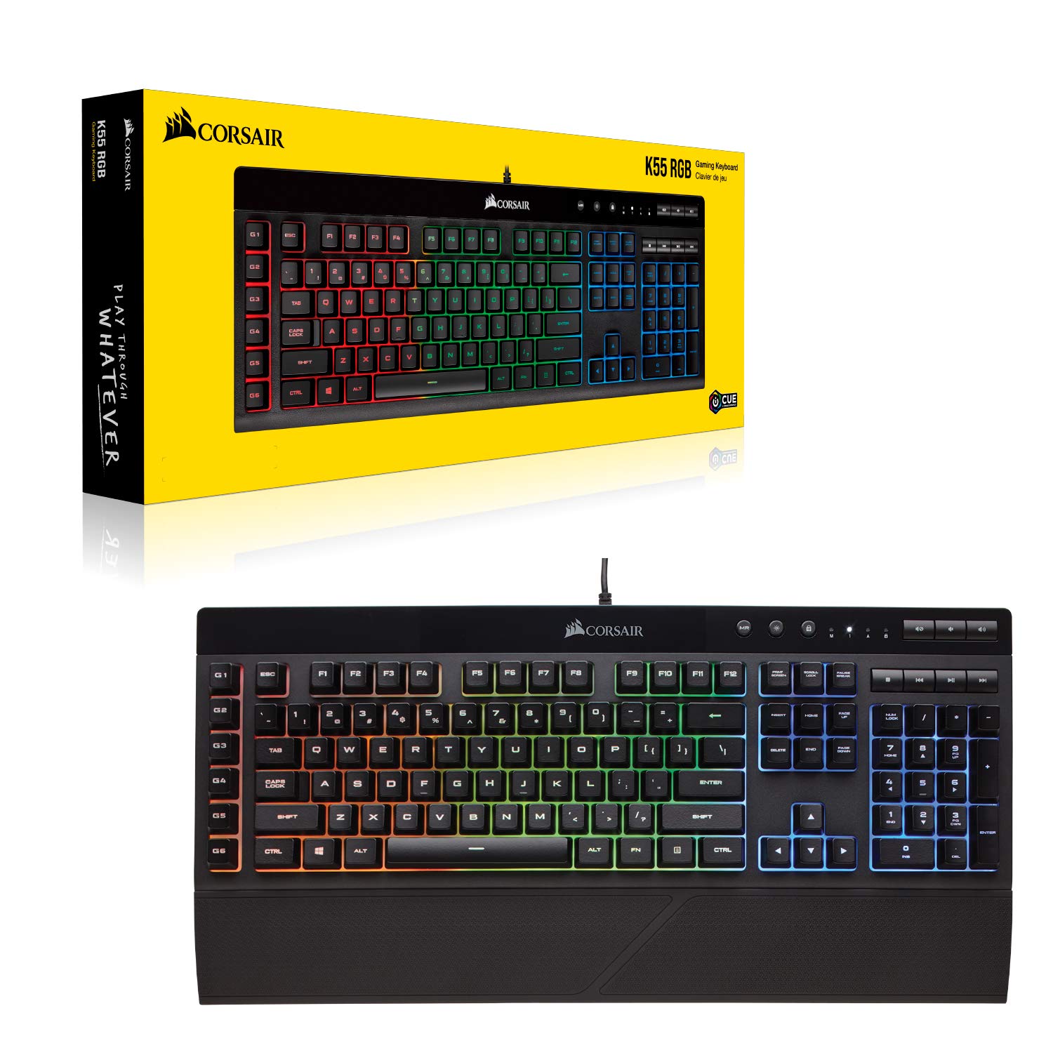 Corsair K55 RGB Gaming Keyboard – IP42 Dust and Water Resistance – 6 Programmable Macro Keys – Dedicated Media Keys - Detachable Palm Rest Included (CH-9206015-NA) , Black