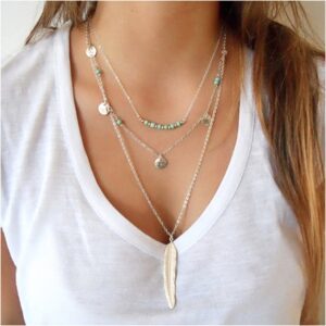 Suyi Exquisite Sequins Multilayer Chain Turquoise Beads Necklace with Feather Pendent Silver