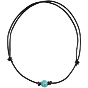 barch single stone turquoise choker necklace on black leather cord for women (round adjustable 1#)