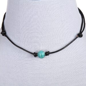 Barch Single Stone Turquoise Choker Necklace on Black Leather Cord for Women (Round Adjustable 1#)