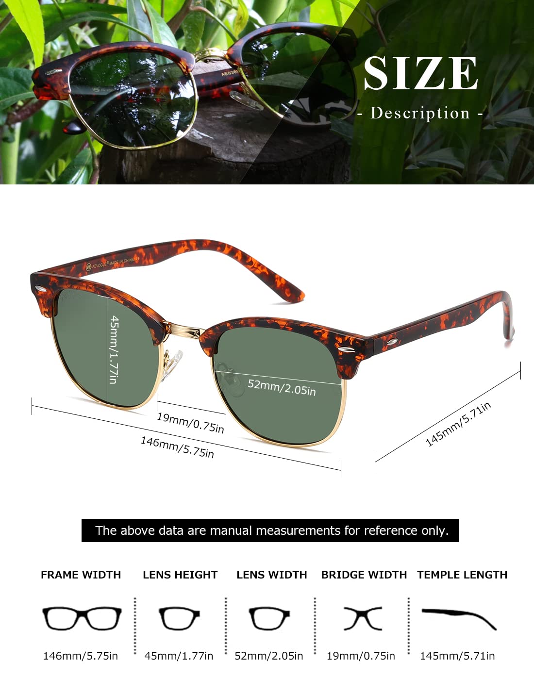 AEVOGUE Polarized Sunglasses For Women And Men Semi Rimless Frame Retro Sun Glasses AE0369 (Tortoise)