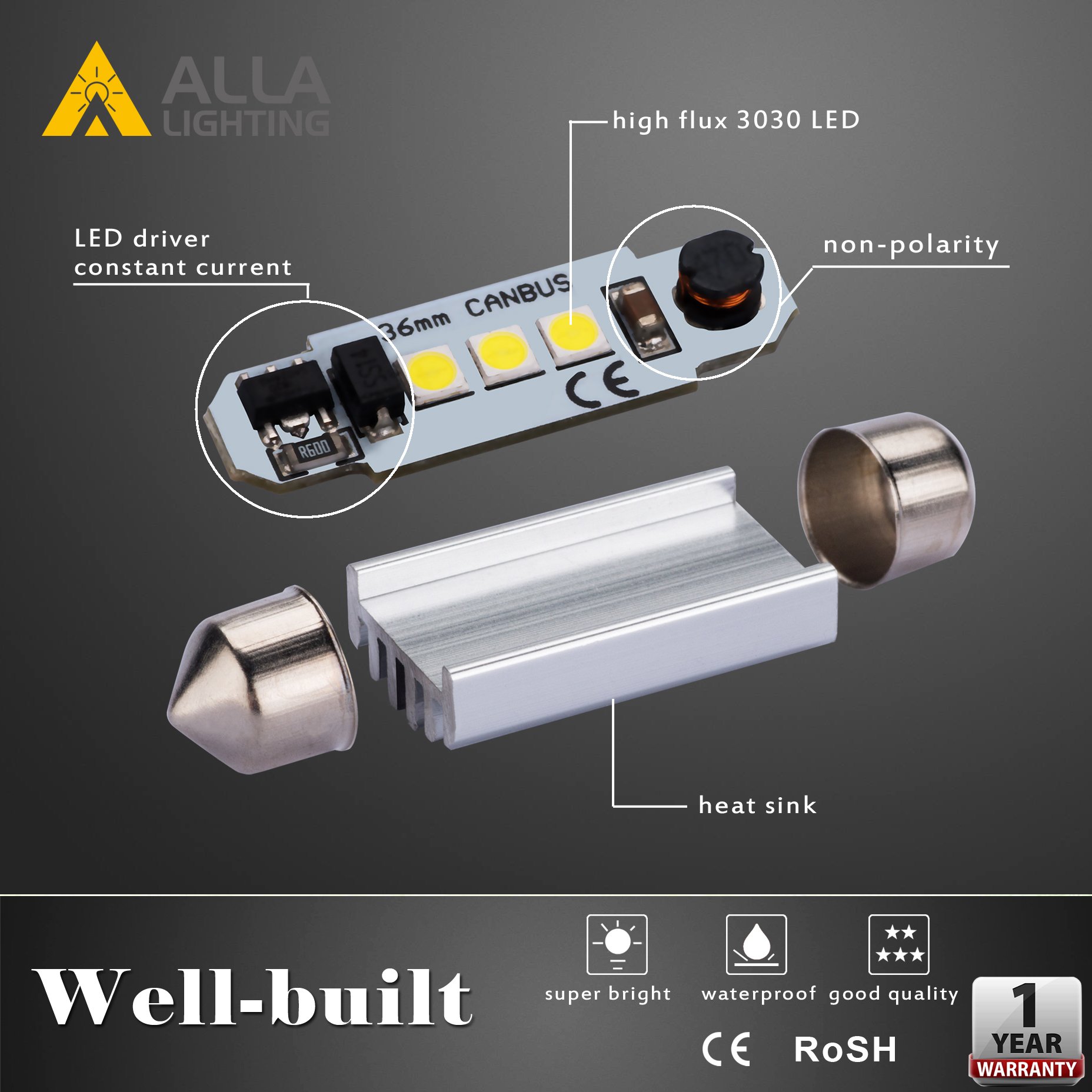 Alla Lighting 41mm/42mm 578 211-2 212-2 LED Festoon Bulbs, 10000K Blue CAN-Bus Interior Dome, Map, Trunk, Step Courtesy Lights Lamps