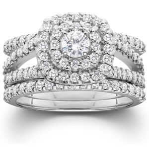 p3 pompeii3 1 1/4ct diamond engagement cushion halo wedding ring trio set 10k white gold - size 7