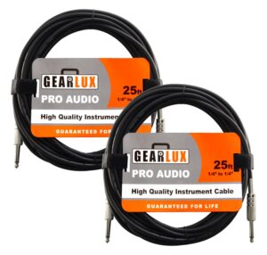 gearlux instrument cable/professional guitar cable 1/4 inch to 1/4 inch, black, 25 foot - 2 pack