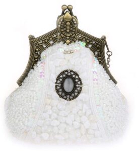 snowskite women's antique beaded party clutch vintage purse evening handbag white