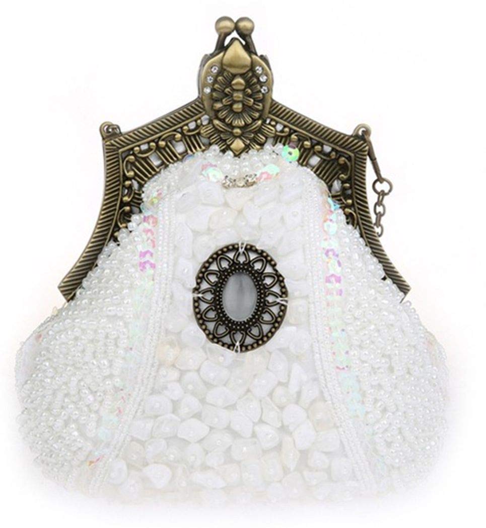 Snowskite Women's Antique Beaded Party Clutch Vintage Purse Evening Handbag White